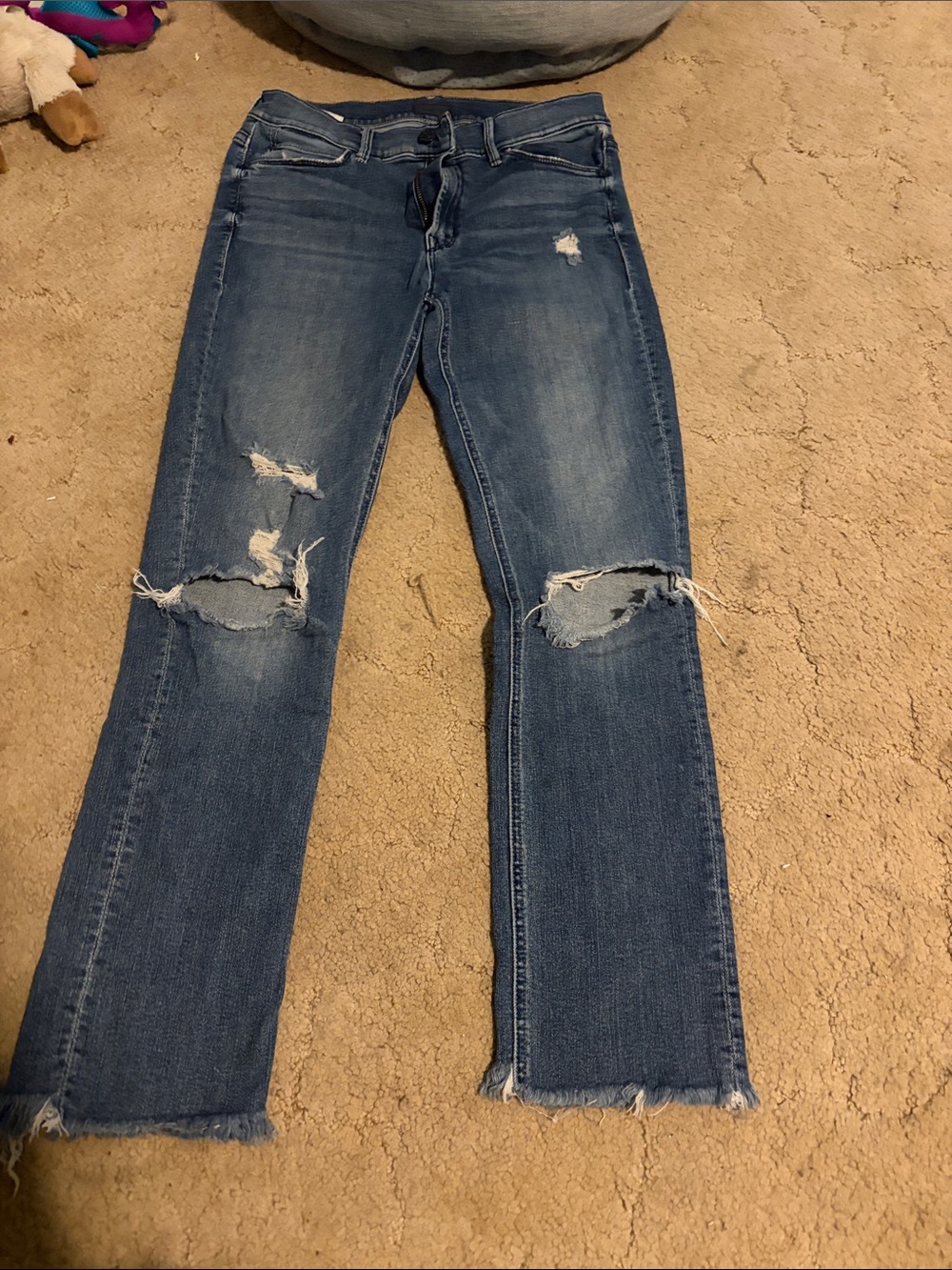 MOTHER Cropped Distressed Jeans in Mid Blue